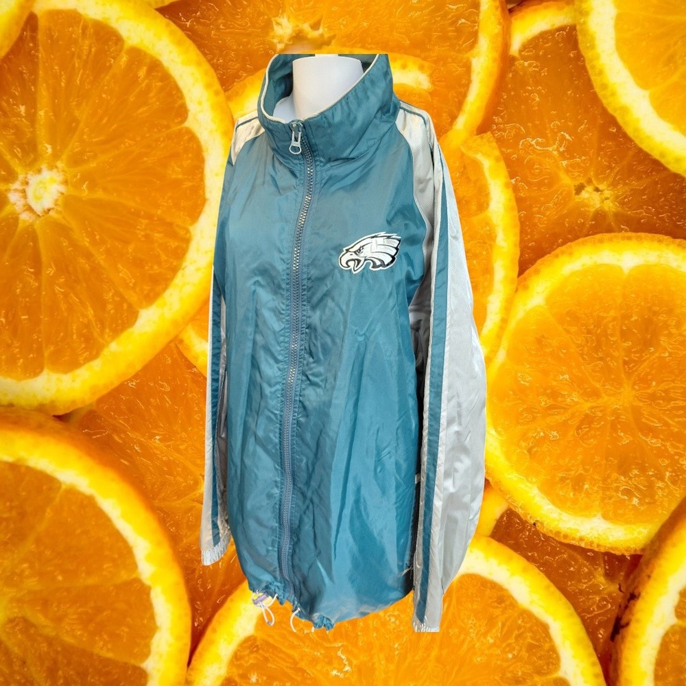 Vintage NFL Philadelphia Eagles Windbreaker Jacket Teal Silver Mens XL Full‎ Zip